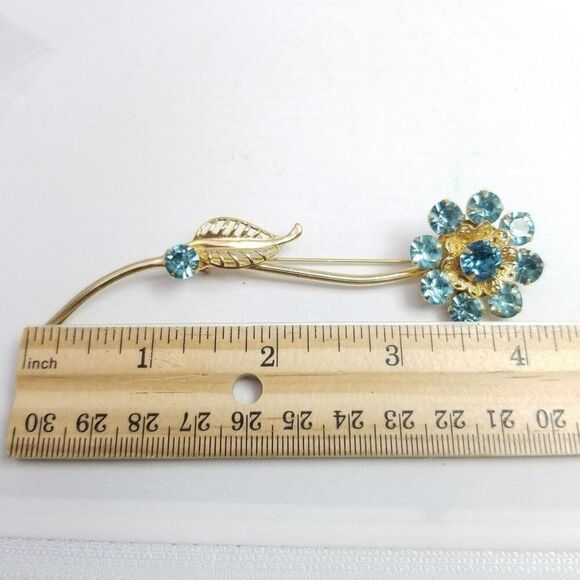 Vintage Blue Rhinestone Long Stem Flower Brooch, Gold Tone Setting, Estate - Picture 5 of 7